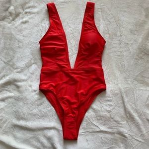 High Cut Plunge Neck Swimsuit 🩱 Red 4